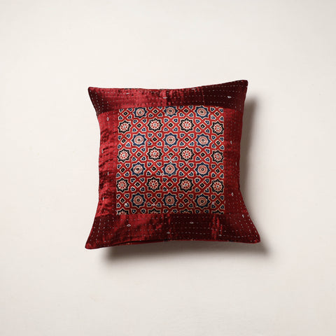 Red - kutch tagai work mashru silk patchwork cushion cover