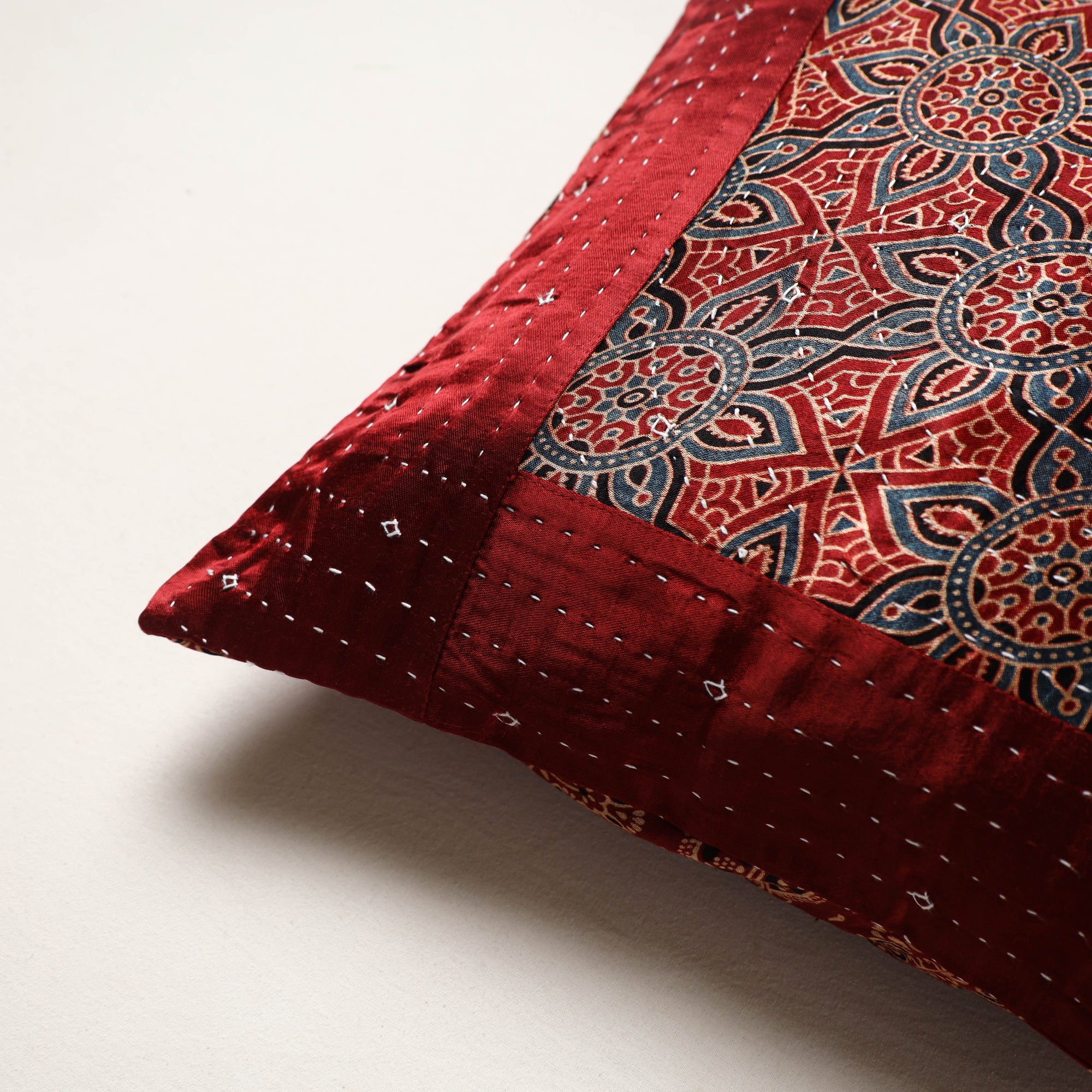 Red - kutch tagai work mashru silk patchwork cushion cover