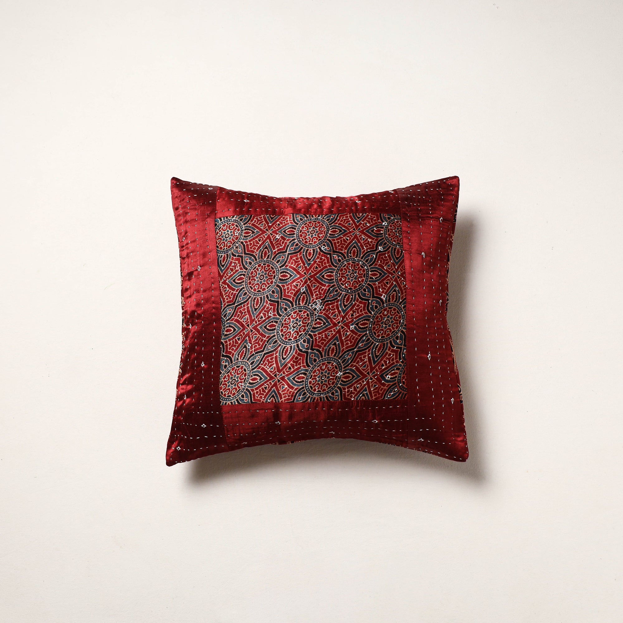 Red - kutch tagai work mashru silk patchwork cushion cover