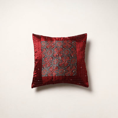 Red - kutch tagai work mashru silk patchwork cushion cover