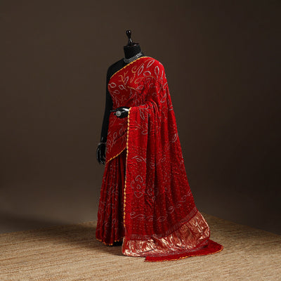 Red - kutch tie-dye modal silk bandhani saree with zari