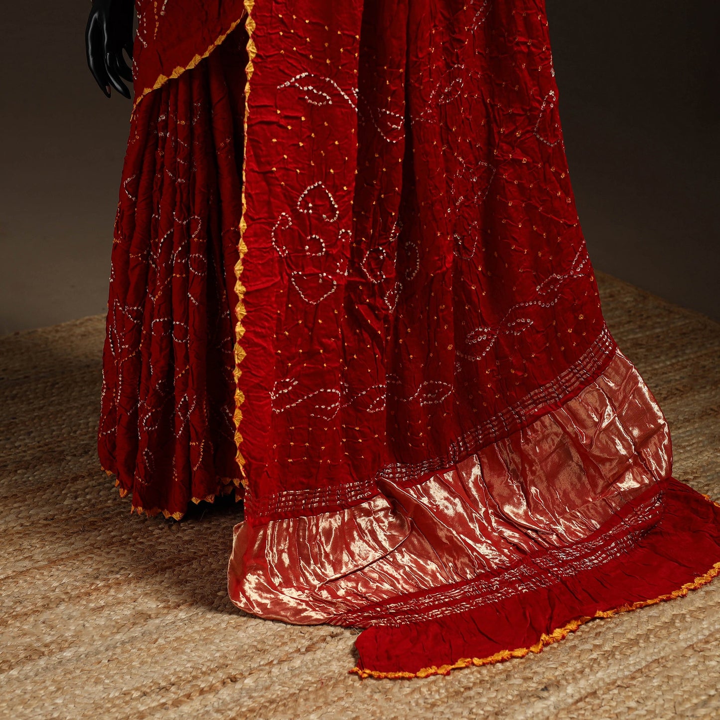 Red - kutch tie-dye modal silk bandhani saree with zari