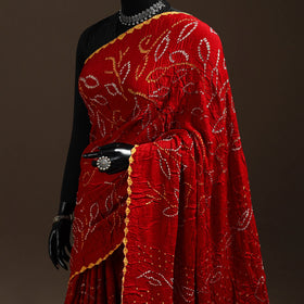 Red - kutch tie-dye modal silk bandhani saree with zari