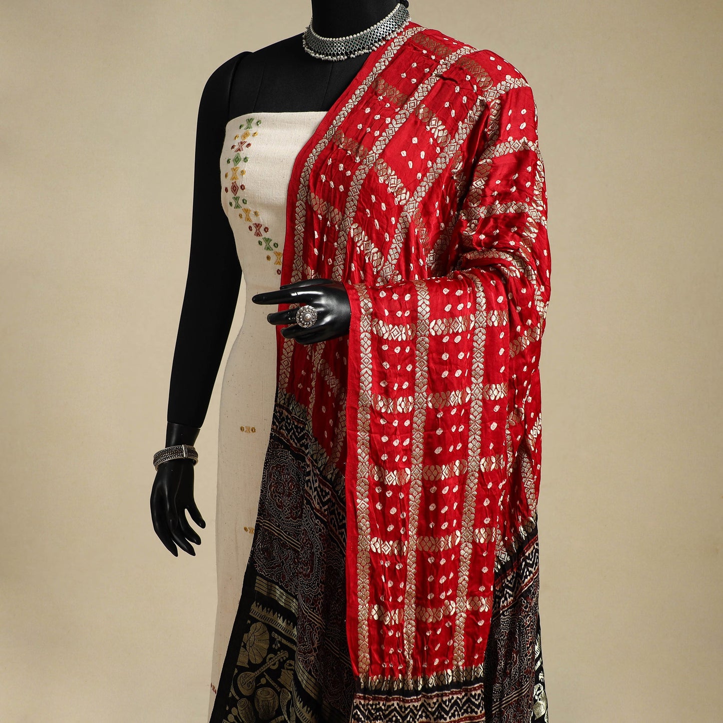 Red - kutch tie-dye modal silk zari checks bandhani dupatta