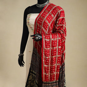 Red - kutch tie-dye modal silk zari checks bandhani dupatta
