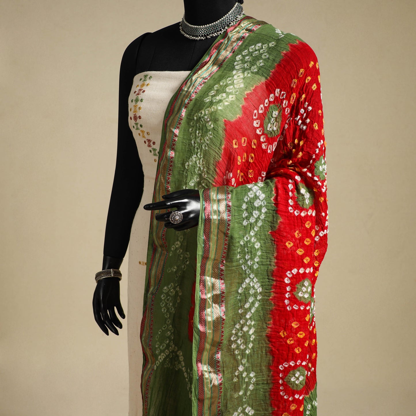 Red - kutch tie-dye mul cotton bandhani dupatta with border