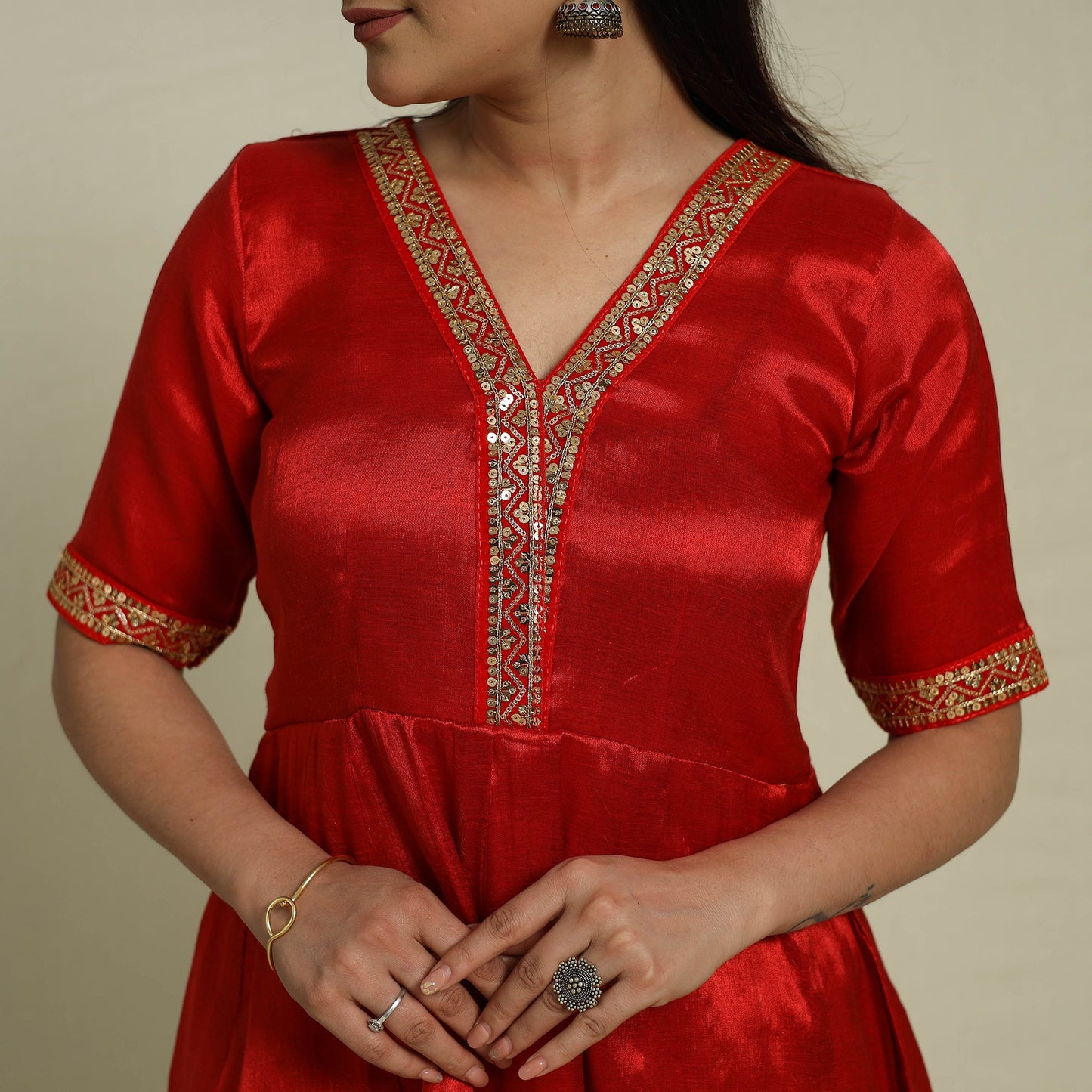 Buy Red Lace Work Fine Tissue Zari Plain Anarkali Kurta Set for Women