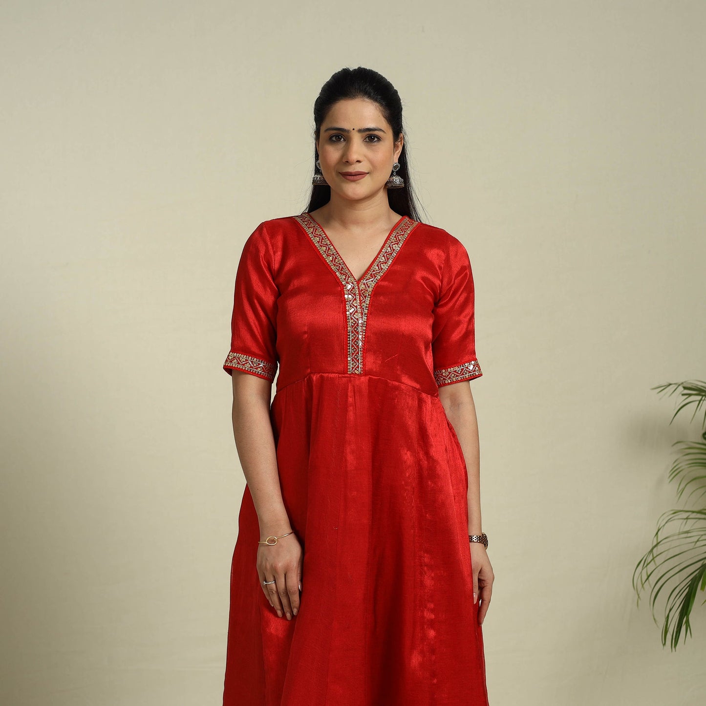 Buy Red Lace Work Fine Tissue Zari Plain Anarkali Kurta Set for Women