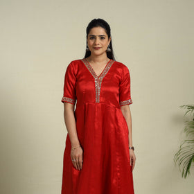 Buy Red Lace Work Fine Tissue Zari Plain Anarkali Kurta Set for Women