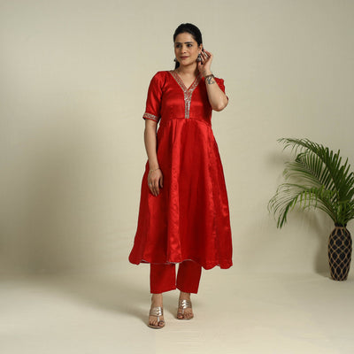 Buy Red Lace Work Fine Tissue Zari Plain Anarkali Kurta Set for Women
