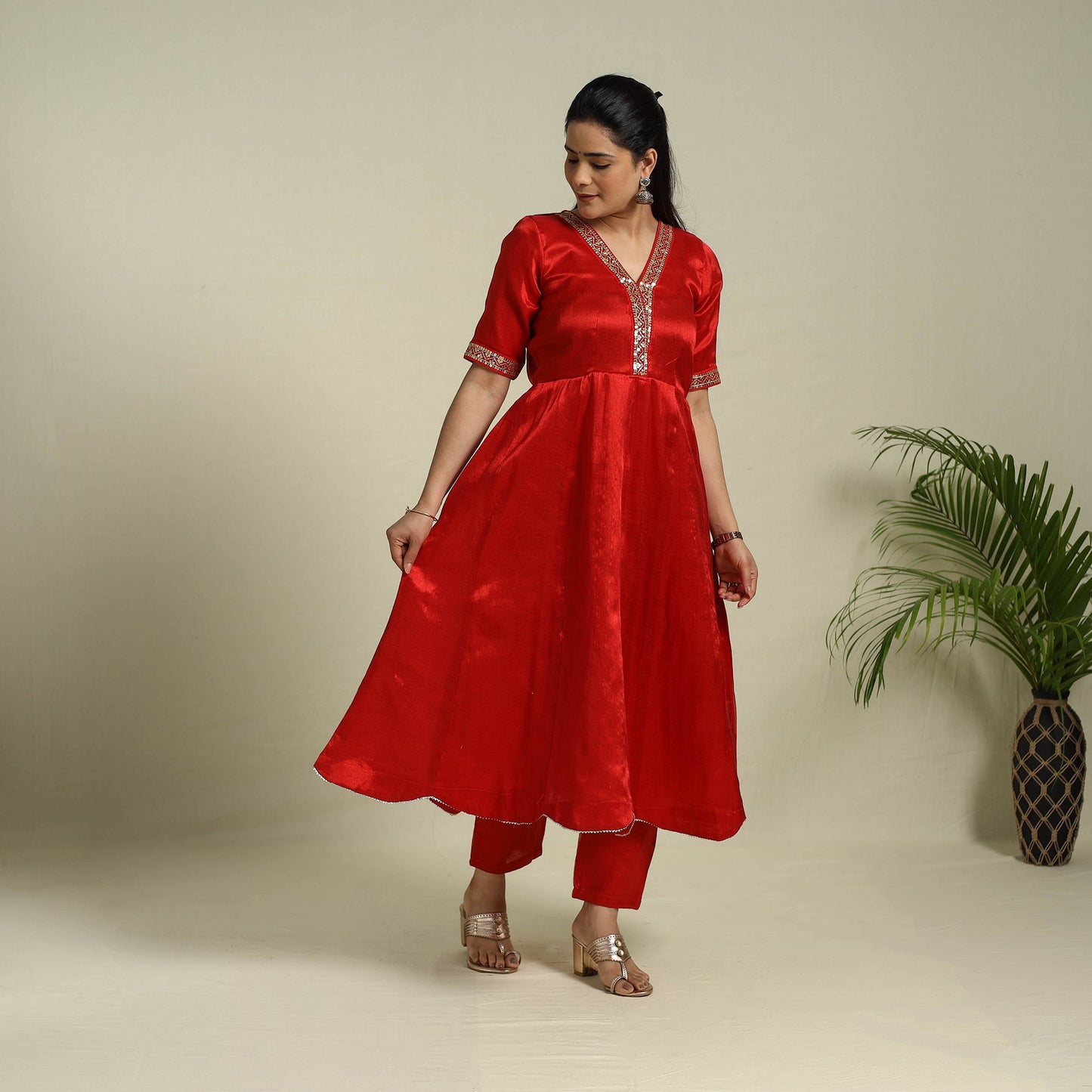Buy Red Lace Work Fine Tissue Zari Plain Anarkali Kurta Set for Women