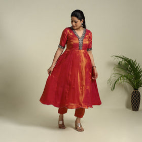 Lace Work Fine Tissue Zari Plain Red Anarkali Kurta Set for Women