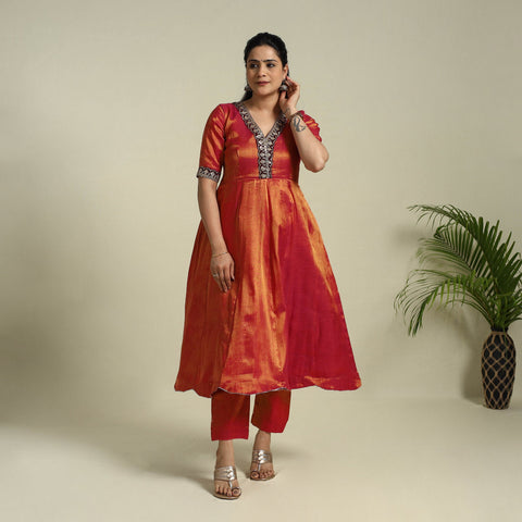 Lace Work Fine Tissue Zari Plain Red Anarkali Kurta Set for Women