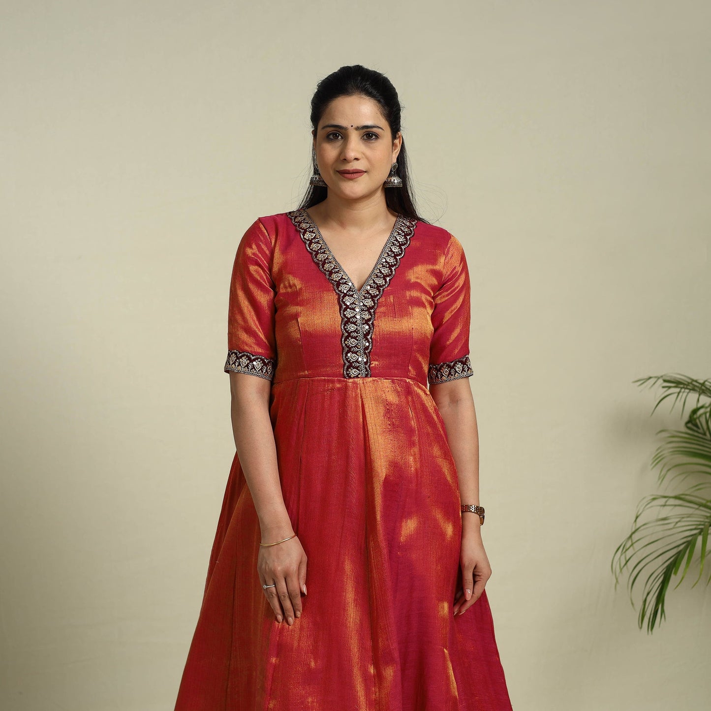 Lace Work Fine Tissue Zari Plain Red Anarkali Kurta Set for Women