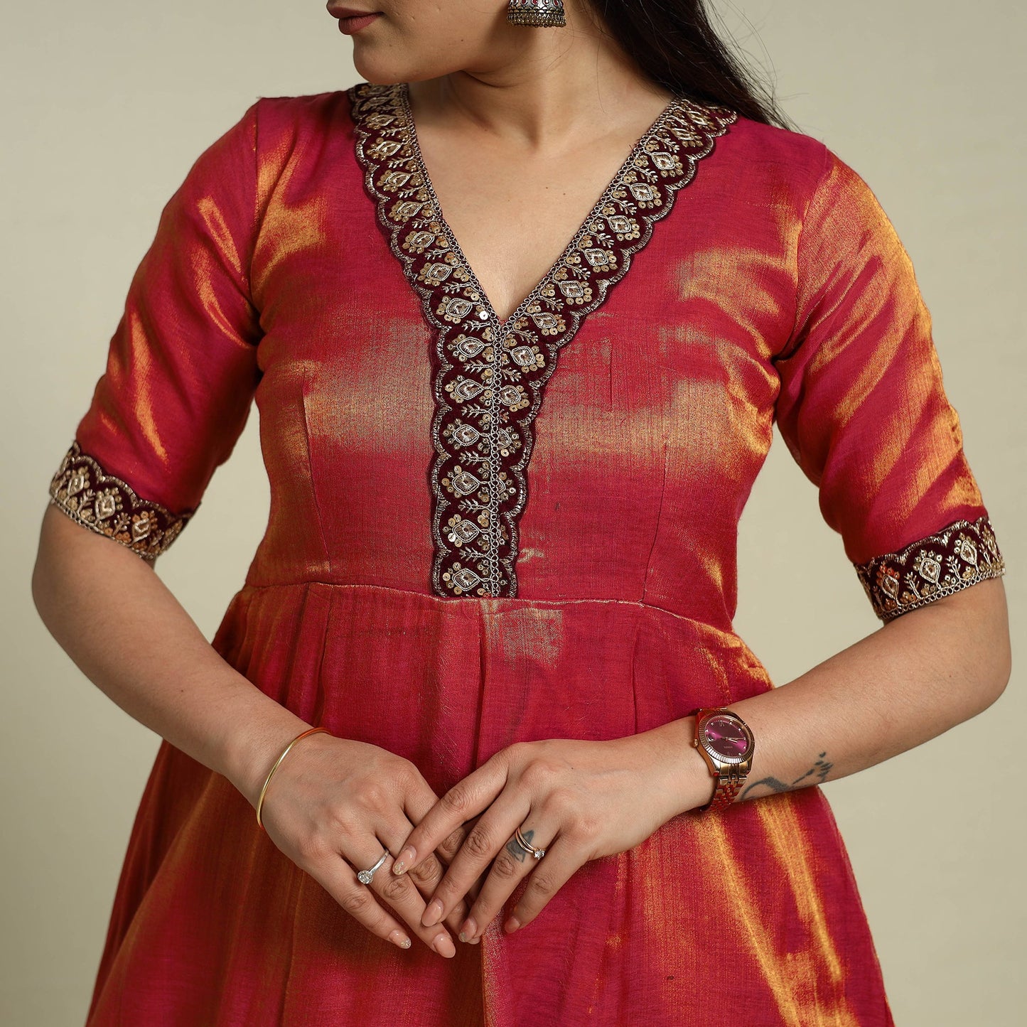 Lace Work Fine Tissue Zari Plain Red Anarkali Kurta Set for Women