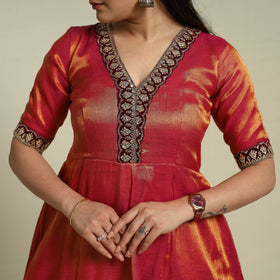 Lace Work Fine Tissue Zari Plain Red Anarkali Kurta Set for Women