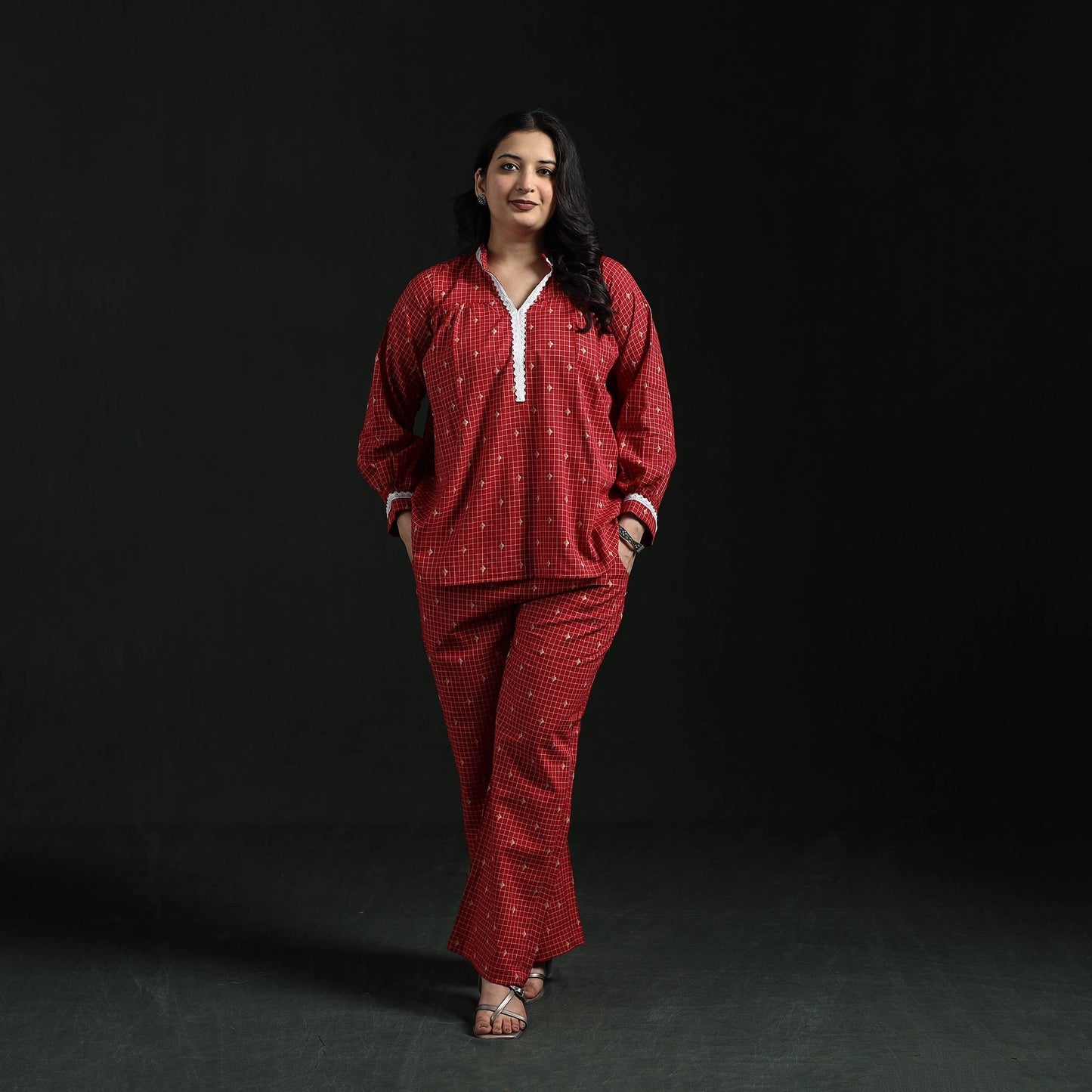 Lace work jacquard cotton co-ord set for women 01