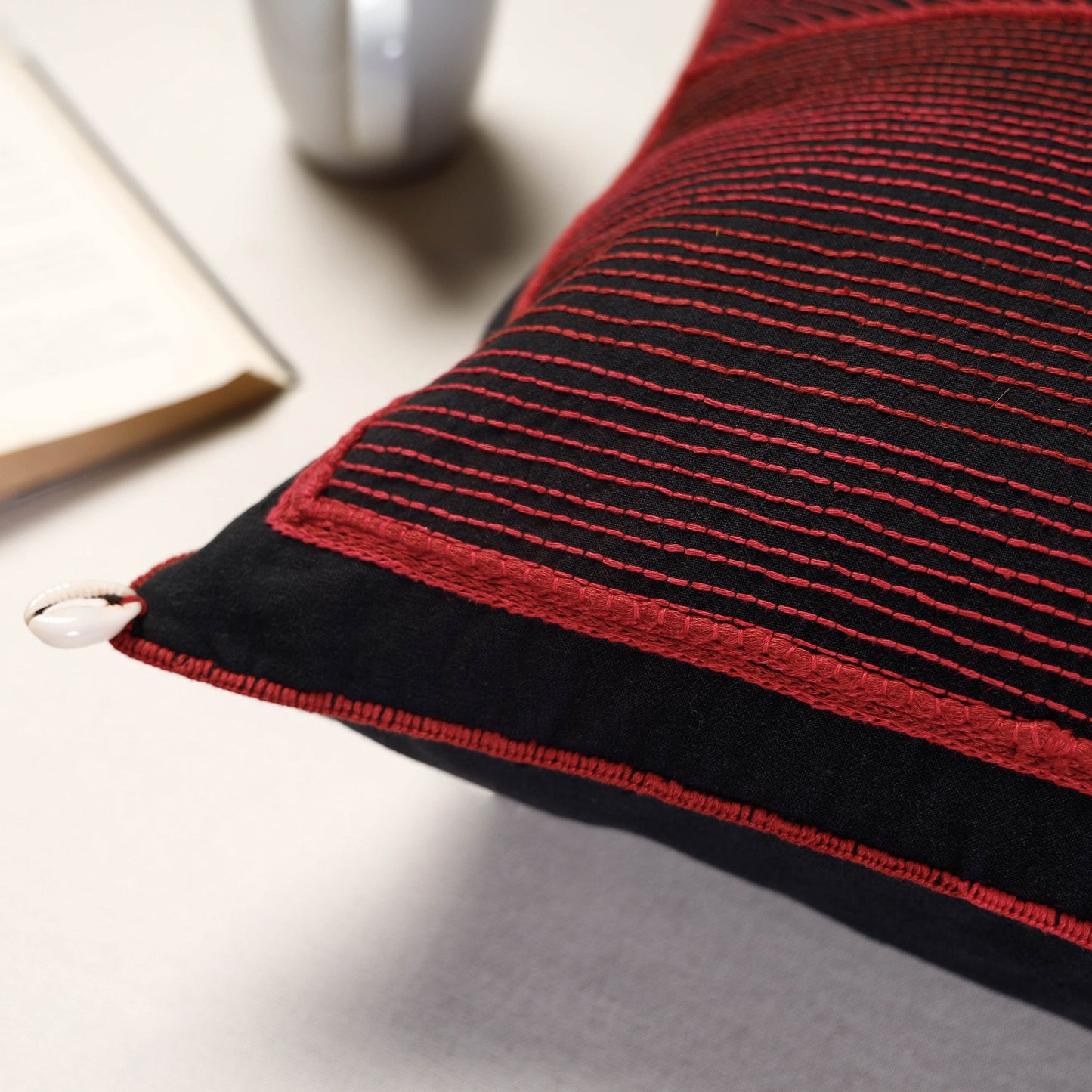 Red Lambani Mirror Work Embroidery Cotton Cushion Cover