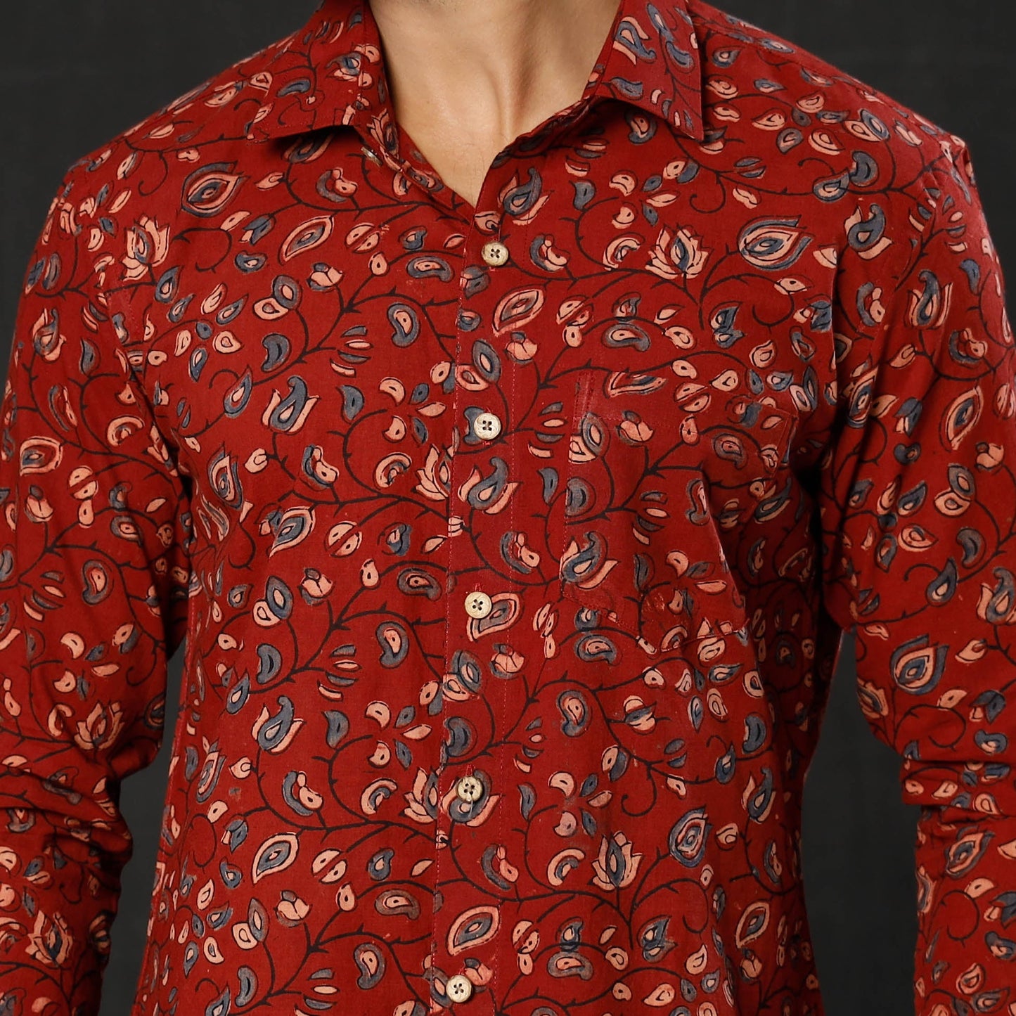 Red - leaf floral printed cotton men full sleeve shirt