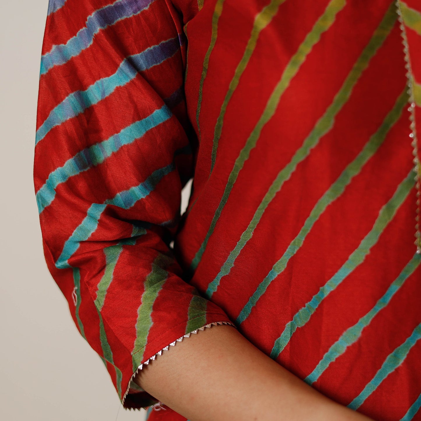 Red - leheriya tie-dye chanderi silk long straight kurta