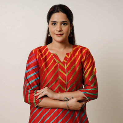 Red - leheriya tie-dye chanderi silk long straight kurta