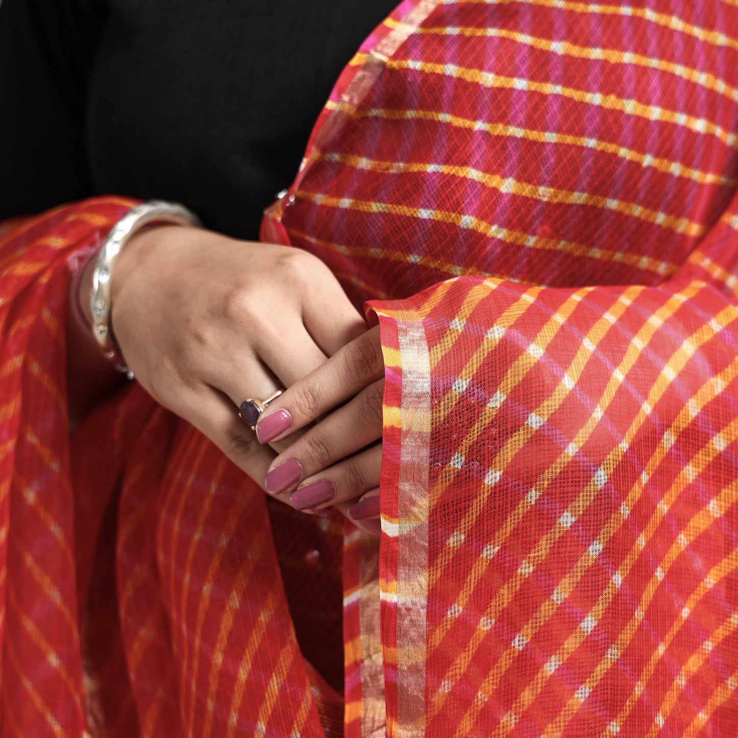 Red - Leheriya Tie-Dye Kota Doria Silk Dupatta with Tassels