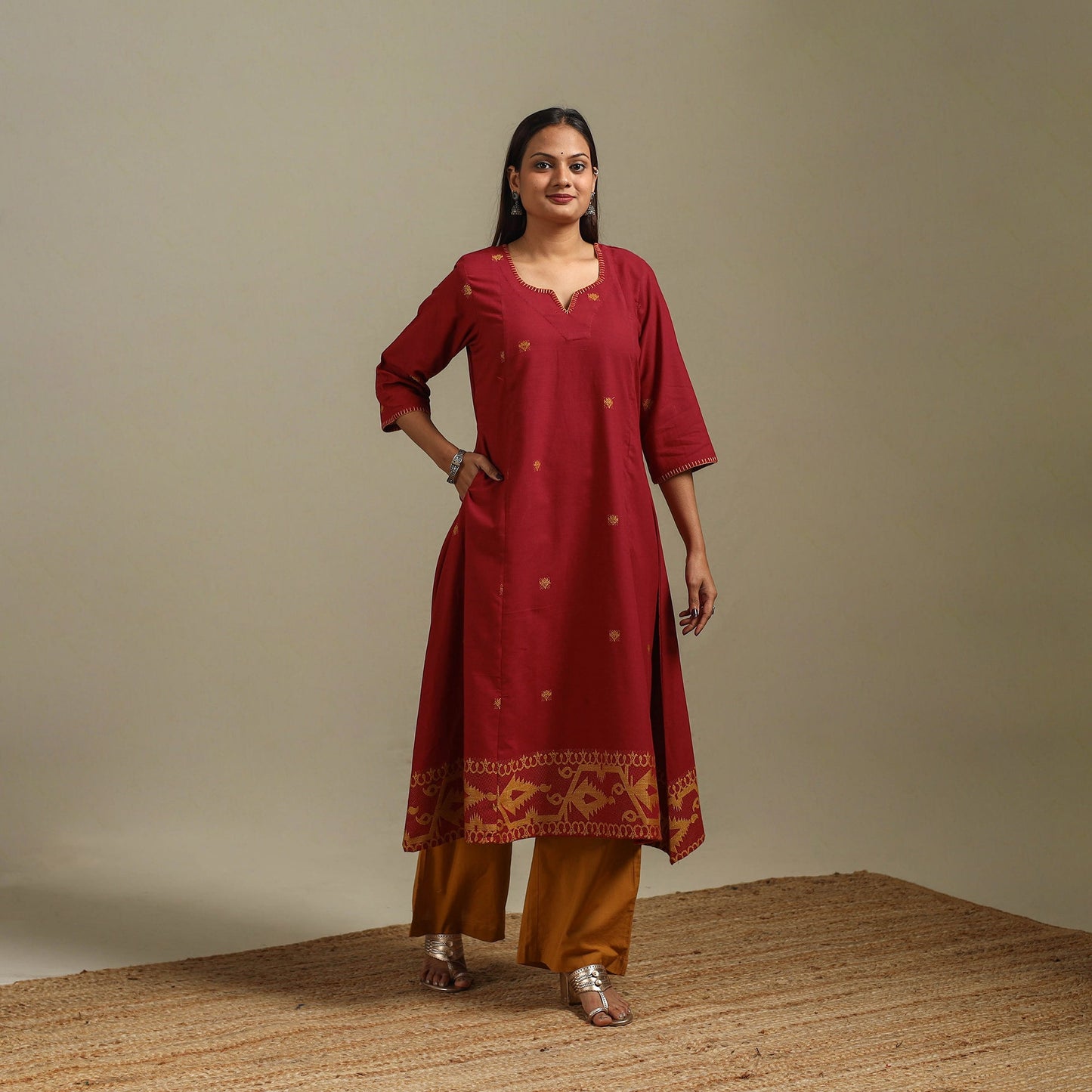 A-line cotton hand embroidered jamdani border thread buti