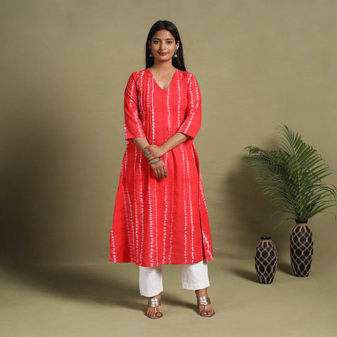 Red A-Line Tie & Dye Cotton Pintuck Shibori Kurta for Women