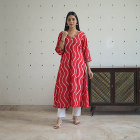  Red A-Line Tie & Dye Cotton Shibori Kurta for Women
