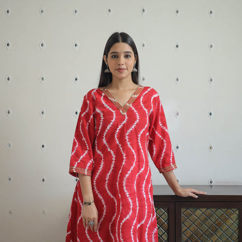  Red A-Line Tie & Dye Cotton Shibori Kurta for Women