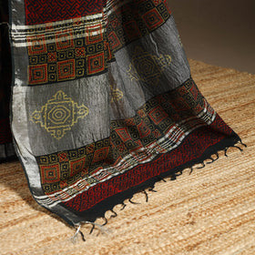 Linen hand bagru saree with zari border 02 - handcrafted