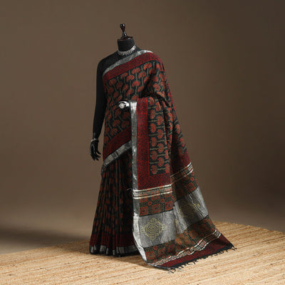 Linen hand bagru saree with zari border 02 - handcrafted