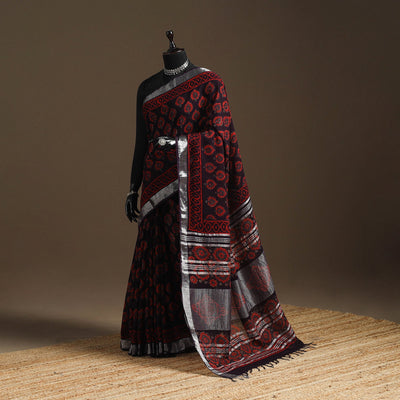 Linen hand bagru saree with zari border 04 - handcrafted