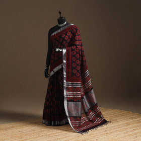 Linen hand bagru saree with zari border 04 - handcrafted