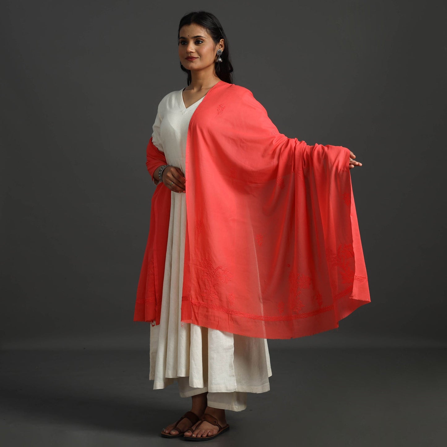 Red - lucknow chikankari hand embroidery cotton dupatta 34