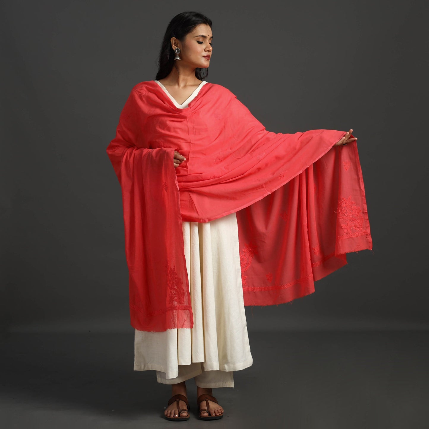 Red - lucknow chikankari hand embroidery cotton dupatta 36