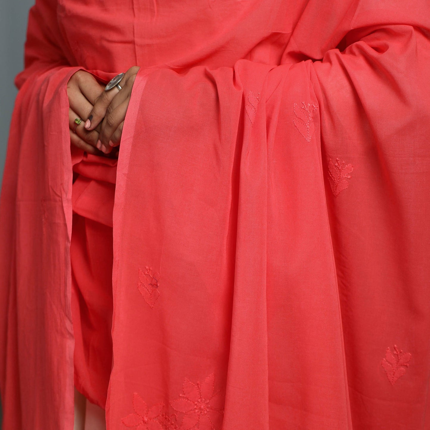 Red - lucknow chikankari hand embroidery cotton dupatta 36