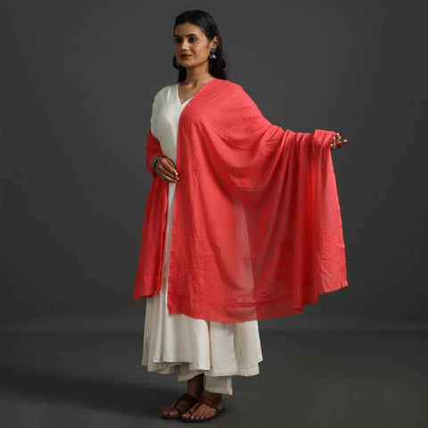 Red - lucknow chikankari hand embroidery cotton dupatta 36