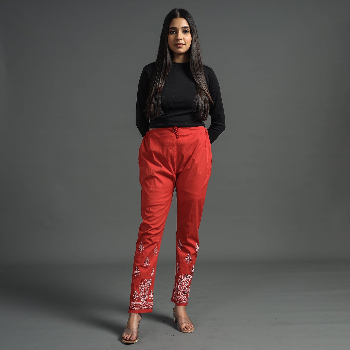 Buy Lucknow Chikankari Hand Embroidery Cotton Lycra Cropped Pant Online at iTokri.com