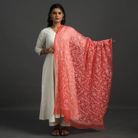 Red - lucknow chikankari tepchi embroidery georgette
