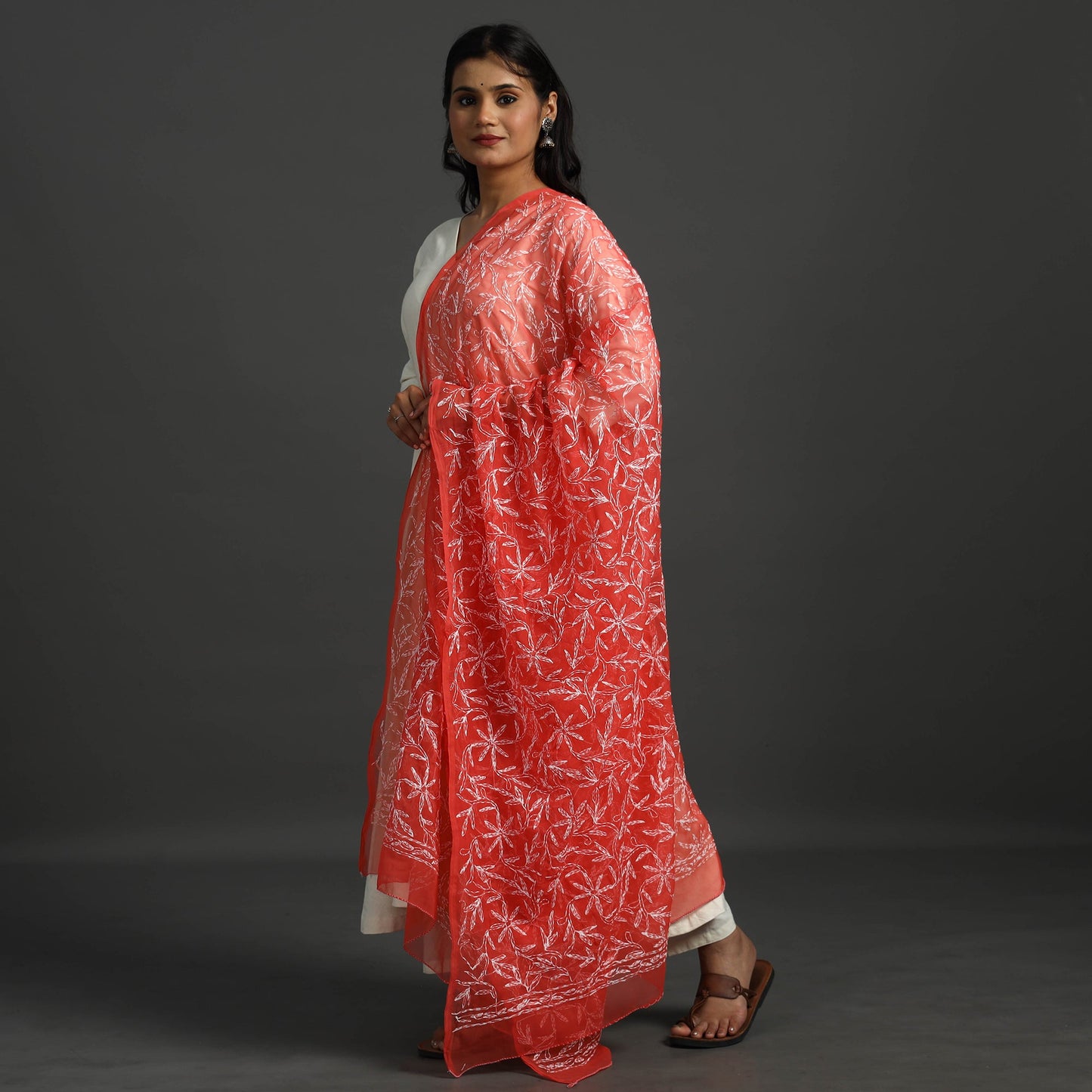 Red - lucknow chikankari tepchi embroidery georgette