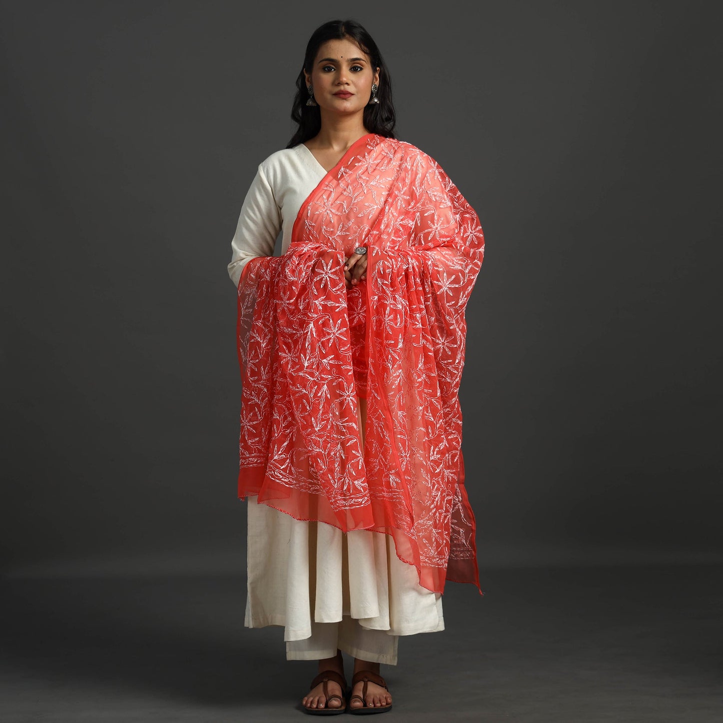 Red - lucknow chikankari tepchi embroidery georgette