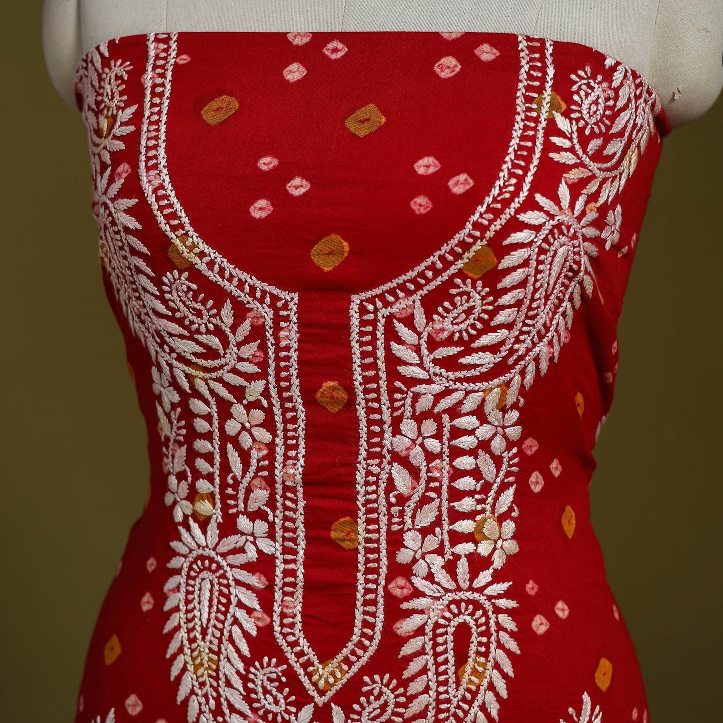 Lucknowi chikankari work bandhani unstitched kurta material