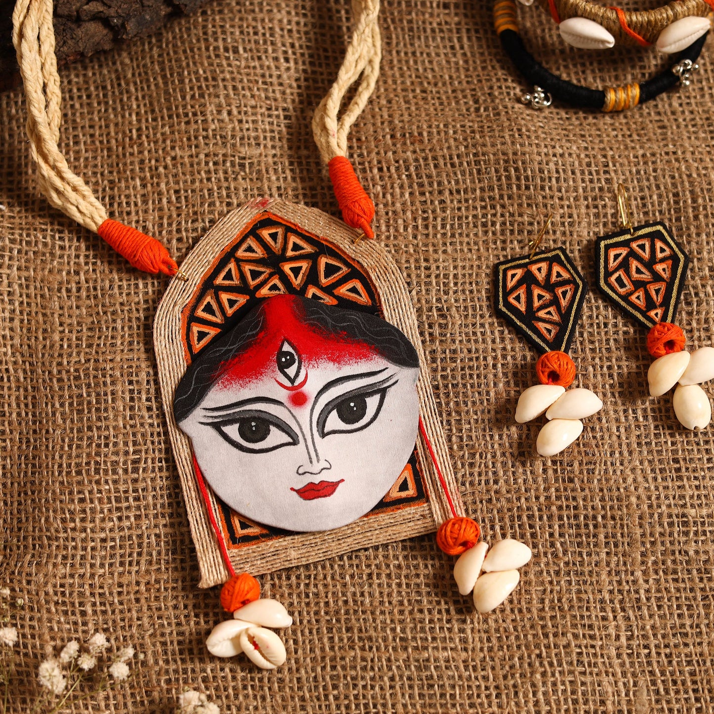 Red - maa durga bishnupur handpainted fabart jute jewellery