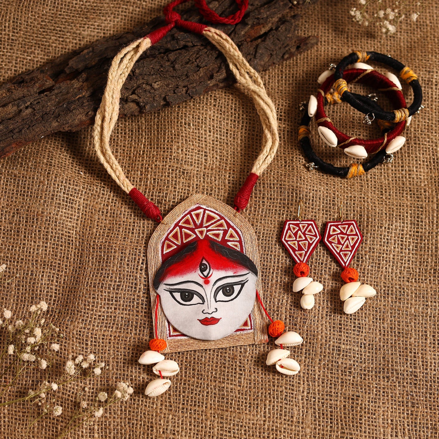 Red - maa durga bishnupur handpainted fabart jute jewellery