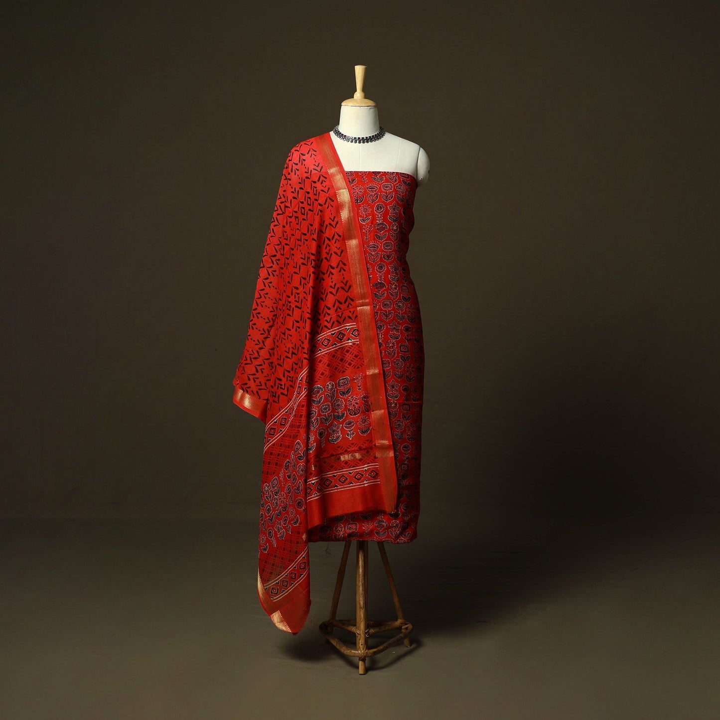 Maheshwari silk hand block ajrakh print 3pc unstitched