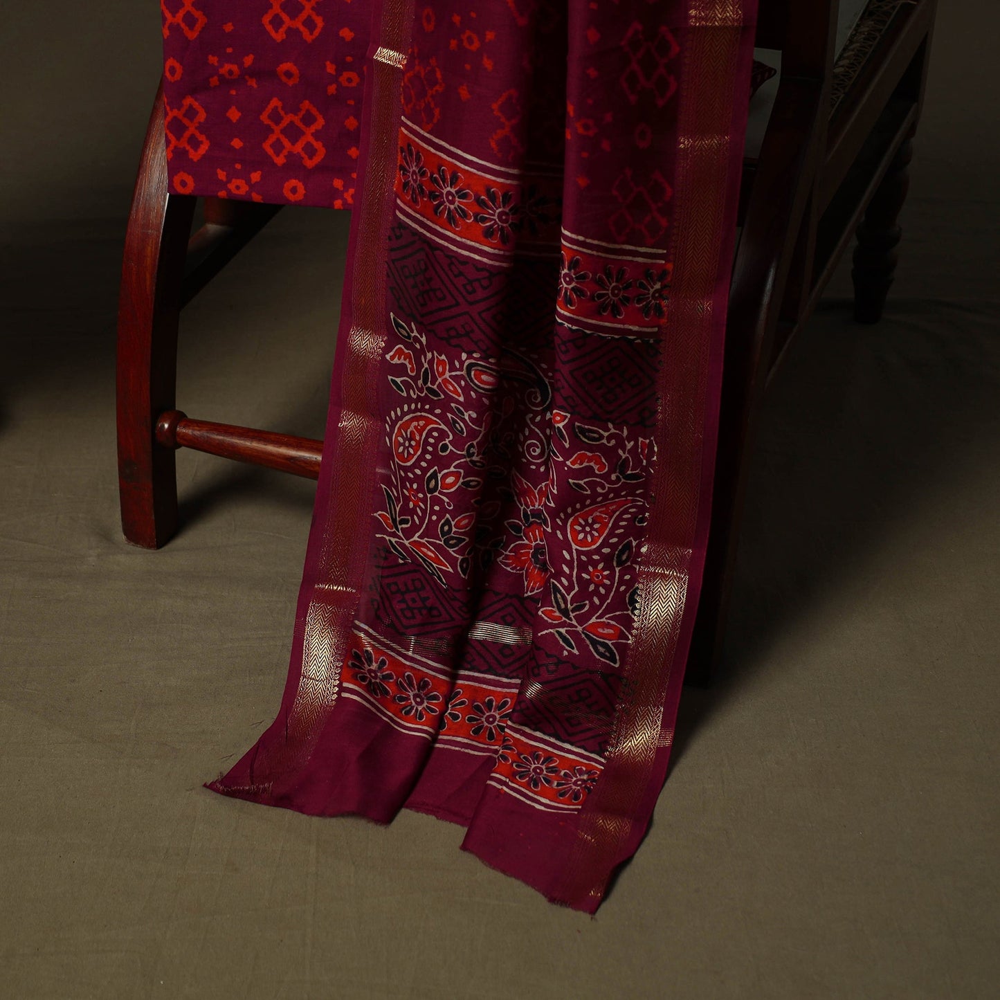 Maheshwari silk hand block ajrakh print 3pc unstitched