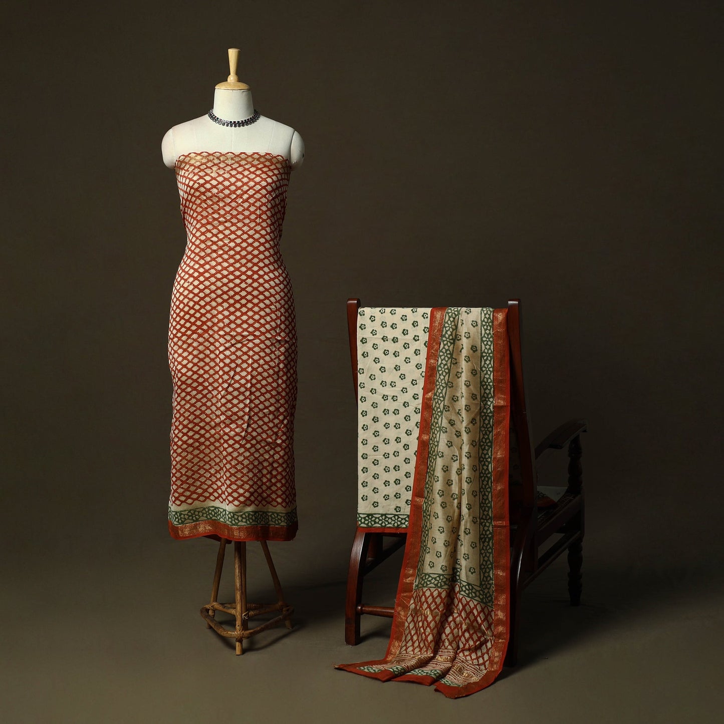 Maheshwari silk hand block bagru print 3pc unstitched dress