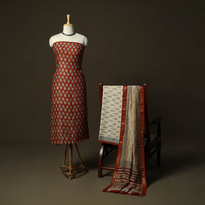 Maheshwari silk hand block bagru print 3pc unstitched dress