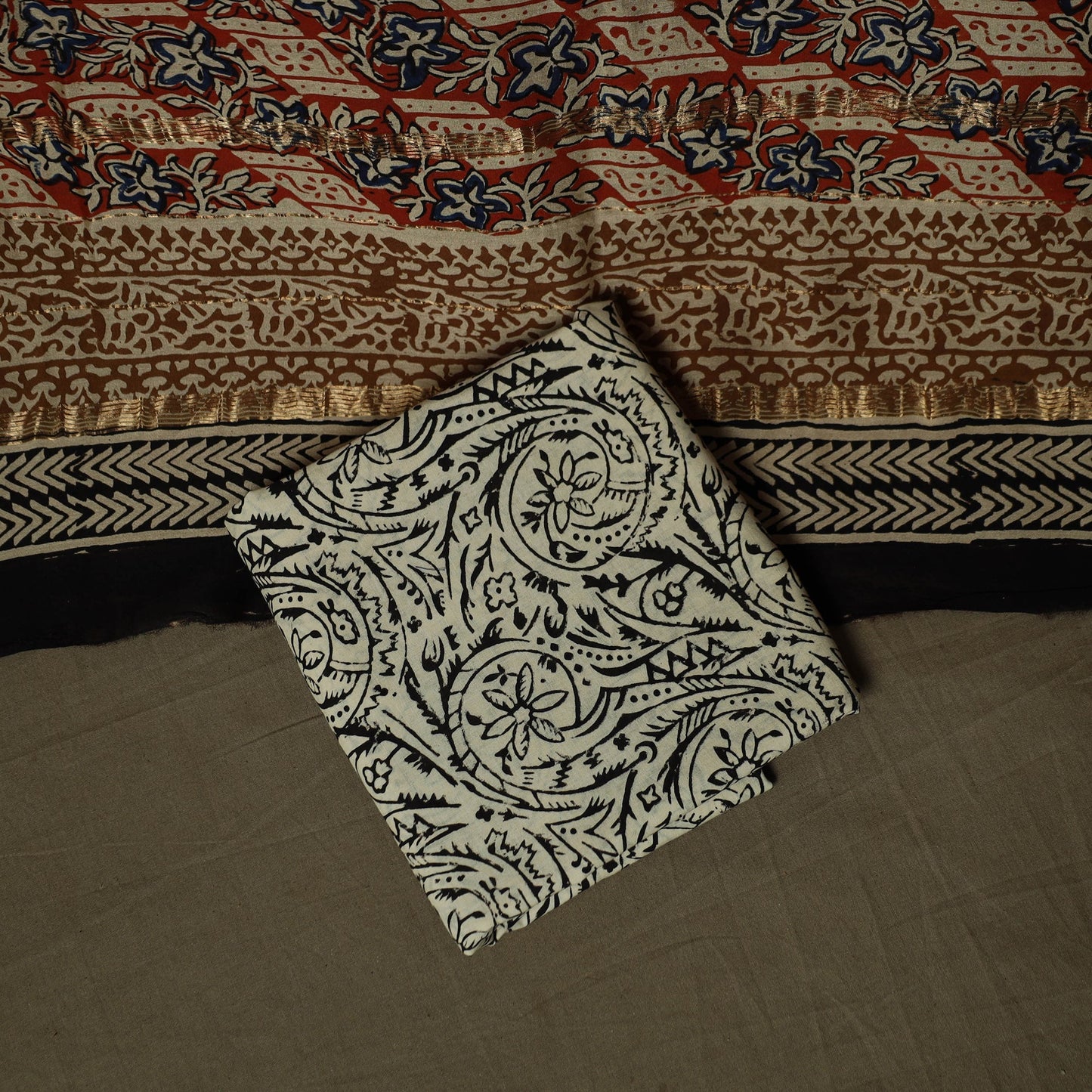 Maheshwari silk hand block bagru print 3pc unstitched dress